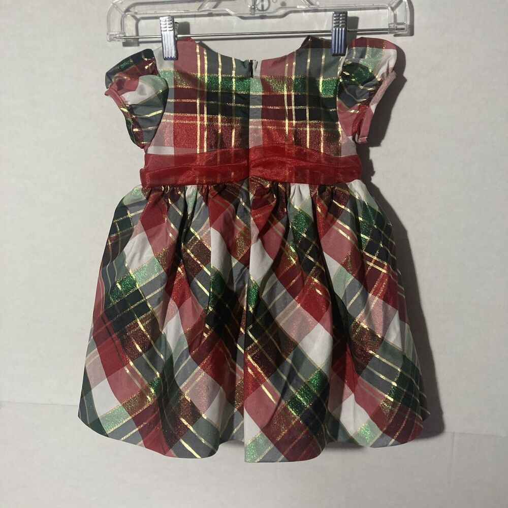 BONNIE BABY red gold multicolor plaid v-neck short sleeve holiday dress 24M - Picture 6 of 9